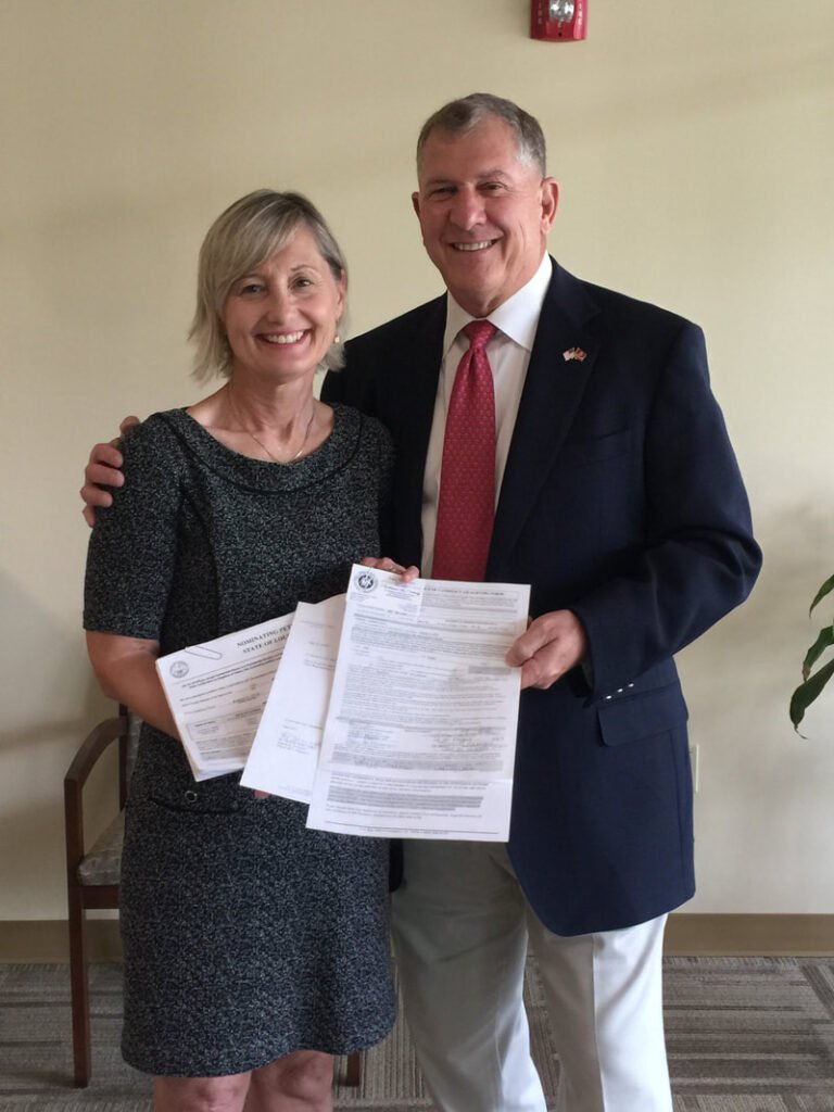 Qualifying Day: Pat and his wife Barbara hold the many pages of the nominating petition with the names of registered voters who wanted Pat on the ballot.